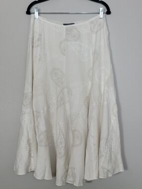 Vintage Liz Claiborne 100% Linen Midi Skirt Size 6 White Ivory Floral Pleated